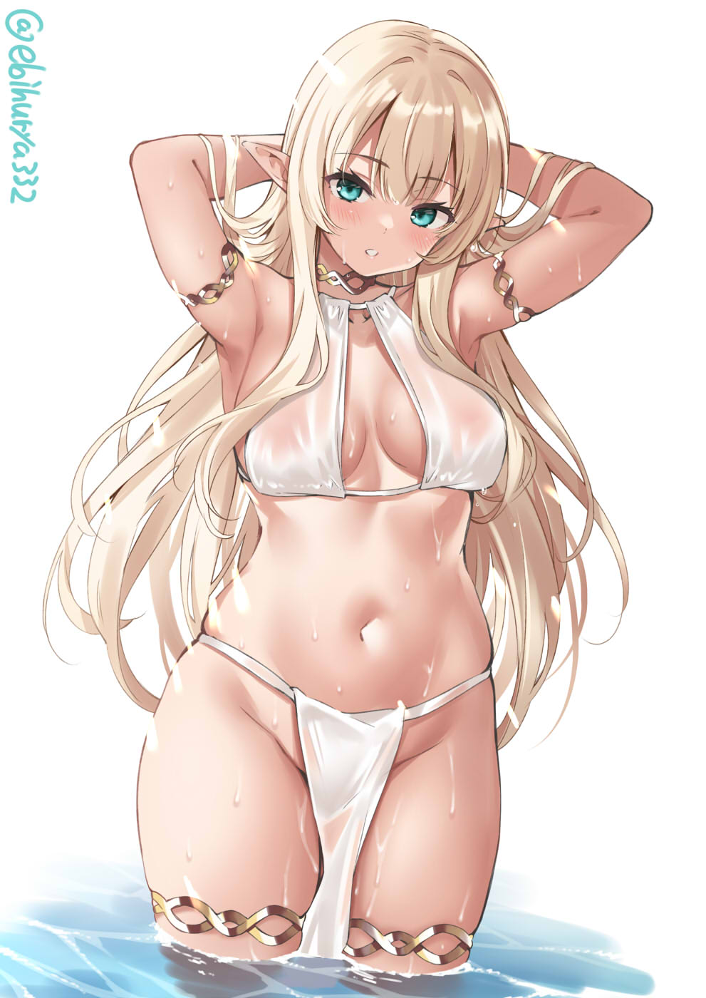1girl aqua_eyes armlet arms_up blonde_hair breasts cleavage cleavage_cutout clothing_cutout covered_nipples ebifurya elf halter_top halterneck highres in_water looking_at_viewer navel original pelvic_curtain pointy_ears see-through solo thigh_strap thighs water wet wet_clothes