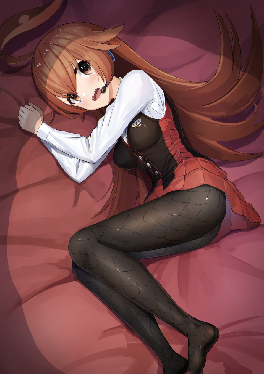 1girl ahoge arms_up bangs bed_sheet black_legwear black_vest breasts brown_hair commentary_request duel_masters_play's eyebrows_visible_through_hair hands_up headphones headset highres kokko_rupiko layered_skirt long_hair long_sleeves lying medium_breasts no_shoes on_side pantyhose pleated_skirt red_skirt shirt skirt solo tsuseki very_long_hair vest white_shirt