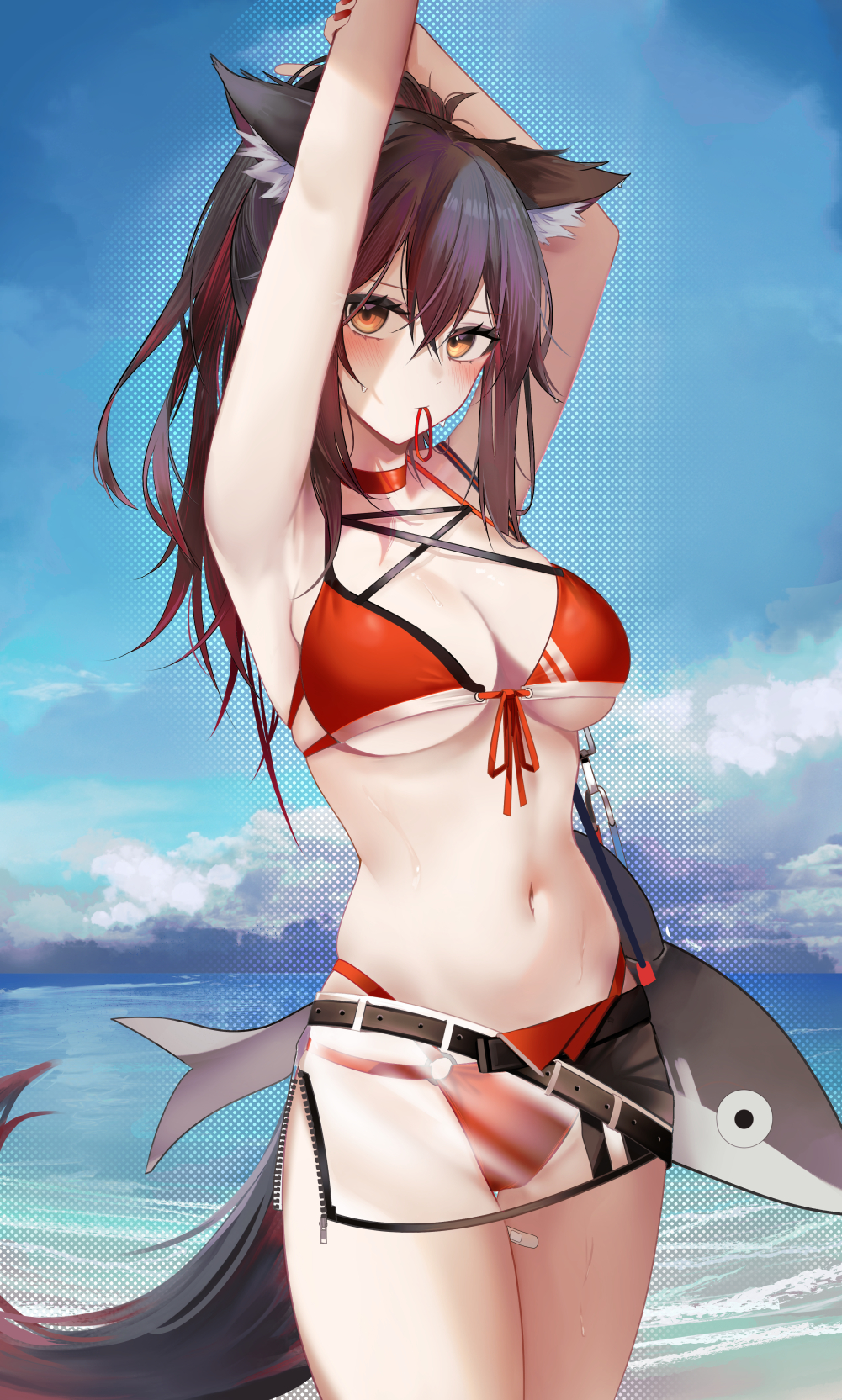 1girl animal_ear_fluff animal_ears arknights armpits arms_up bare_arms bare_shoulders belt bikini black_hair blush breasts choker cleavage commentary_request cowboy_shot front-tie_bikini front-tie_top hair_tie_in_mouth halterneck highleg highleg_bikini highres large_breasts long_hair looking_at_viewer miniskirt mouth_hold multi-strapped_bikini navel orange_eyes ponytail red_bikini red_choker ru_zhai see-through side_slit skirt solo stomach string_bikini swimsuit tail texas_(arknights) thighs unzipped wet wolf_ears wolf_girl wolf_tail