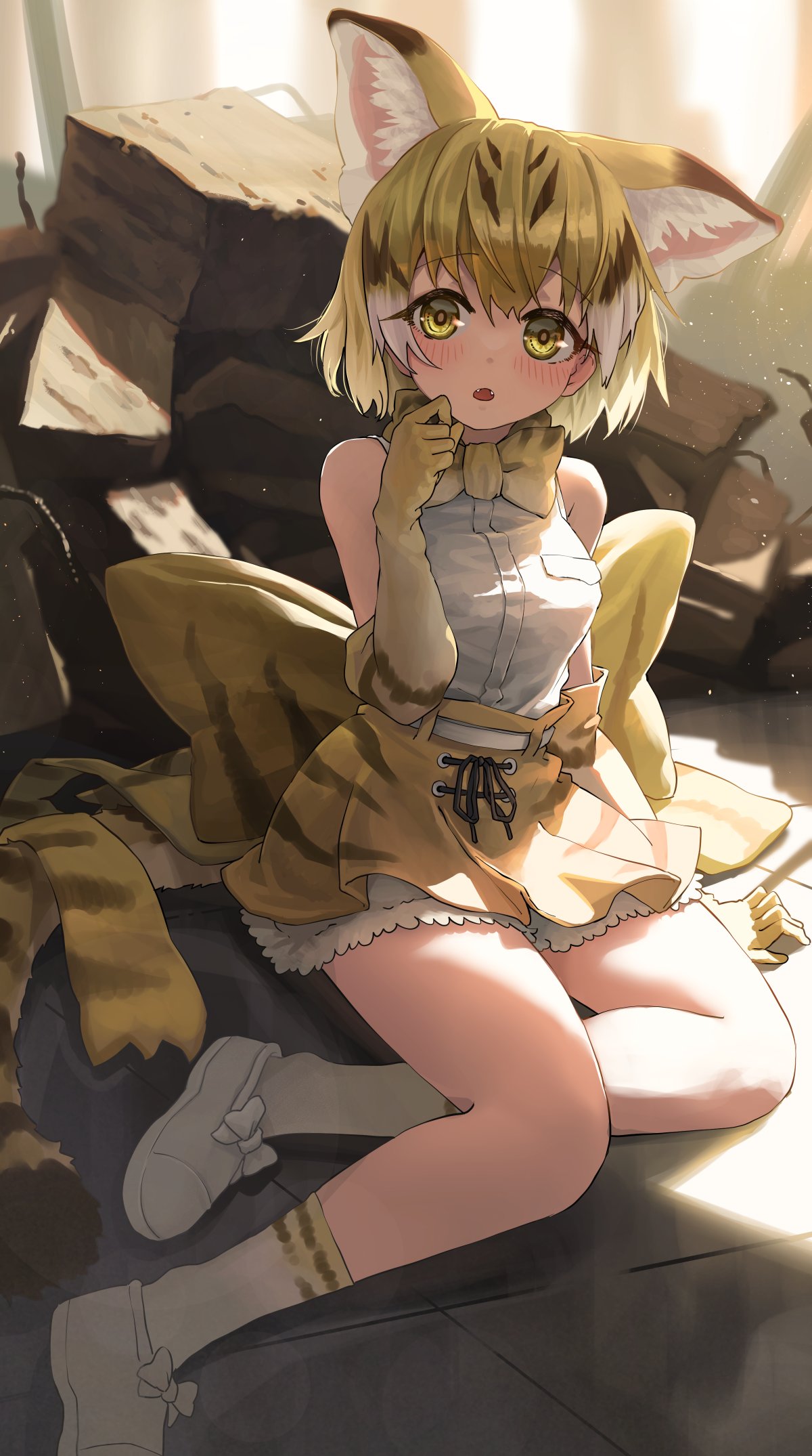 1girl animal_ears animal_print back_bow bare_shoulders blonde_hair blush bow bowtie cat_ears cat_girl cat_print cat_tail elbow_gloves extra_ears eyebrows_visible_through_hair frilled_skirt frills gloves high-waist_skirt highres kemono_friends looking_at_viewer melaton multicolored_hair print_gloves print_legwear print_neckwear print_skirt sand_cat_(kemono_friends) shirt shoe_dangle shoes short_hair sitting skirt sleeveless sneakers socks solo tail white_footwear white_shirt yellow_eyes