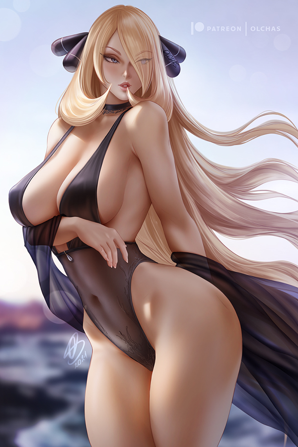 1girl beach bikini black_swimsuit blonde_hair breasts choker commentary covered_navel cowboy_shot cynthia_(pokemon) english_commentary eyes_visible_through_hair floating_hair grey_eyes hair_ornament hair_over_one_eye large_breasts lips long_hair looking_to_the_side olchas parted_lips patreon_username pokemon pokemon_(game) pokemon_dppt see-through_sleeves small_head solo swimsuit very_long_hair wide_hips