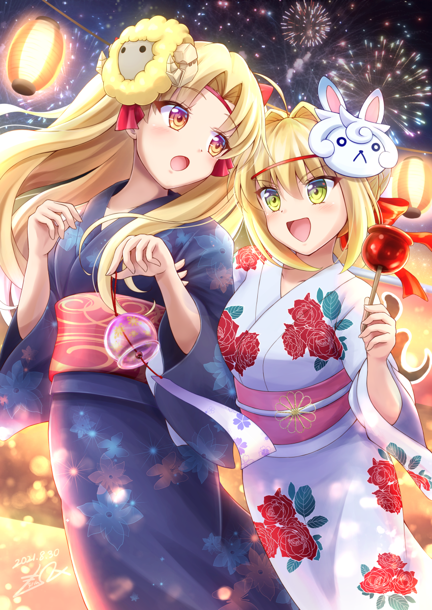 2girls ahoge blonde_hair commentary_request ereshkigal_(fate) eyebrows_visible_through_hair fate/grand_order fate_(series) fireworks fou_(fate) green_eyes gu-rahamu_omega_x hair_between_eyes hair_bun highres holding long_hair looking_at_another mask multiple_girls nero_claudius_(fate) nero_claudius_(fate/extra) night open_mouth outdoors sky tongue