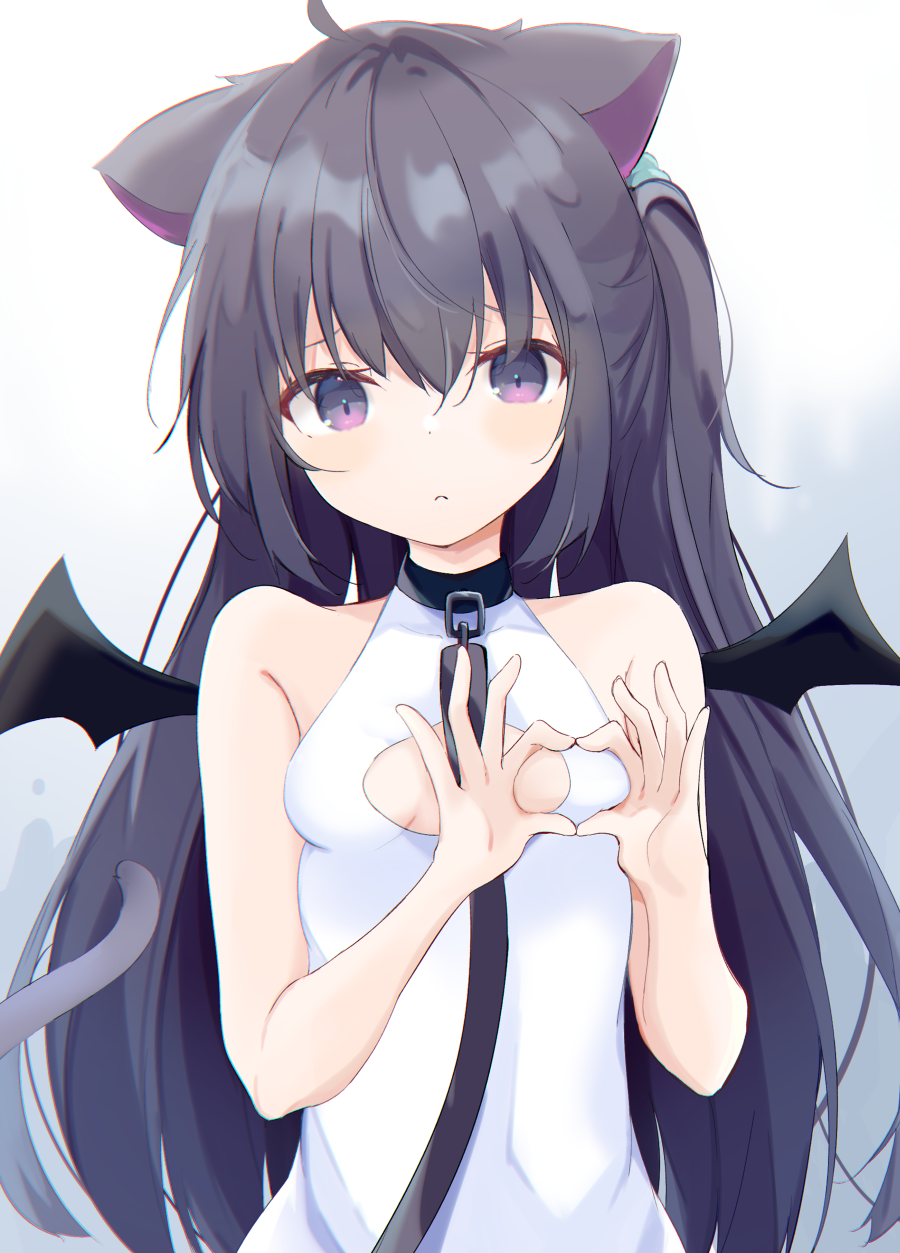 1girl animal_ears bangs bare_arms bare_shoulders black_hair black_wings blush breasts cat_ears cat_girl cat_tail cleavage_cutout closed_mouth clothing_cutout commentary_request dress eyebrows_visible_through_hair hair_between_eyes hands_up heart heart_hands highres kyuukon_(qkonsan) leash long_hair mini_wings original purple_eyes sleeveless sleeveless_dress small_breasts solo tail upper_body very_long_hair white_dress wings