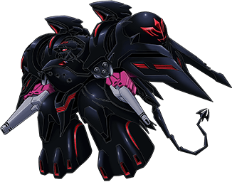 arm_cannon black_selena chibi kidou_senkan_nadesico kidou_senkan_nadesico_-_prince_of_darkness looking_up lowres mecha mechanical_tail no_humans official_art red_eyes science_fiction solo super_robot_wars super_robot_wars_t tail transparent_background weapon