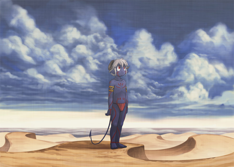 1boy armlet bangs bodypaint closed_mouth cloud cloudy_sky colored_skin commentary_request curled_horns demon_boy demon_horns demon_tail desert full_body fundoshi horns japanese_clothes looking_up outdoors pixiv_fantasia pixiv_fantasia_1 pointy_ears purple_skin red_eyes sand scenery shirtless short_hair sky solo standing tail white_hair white_horns yukiman