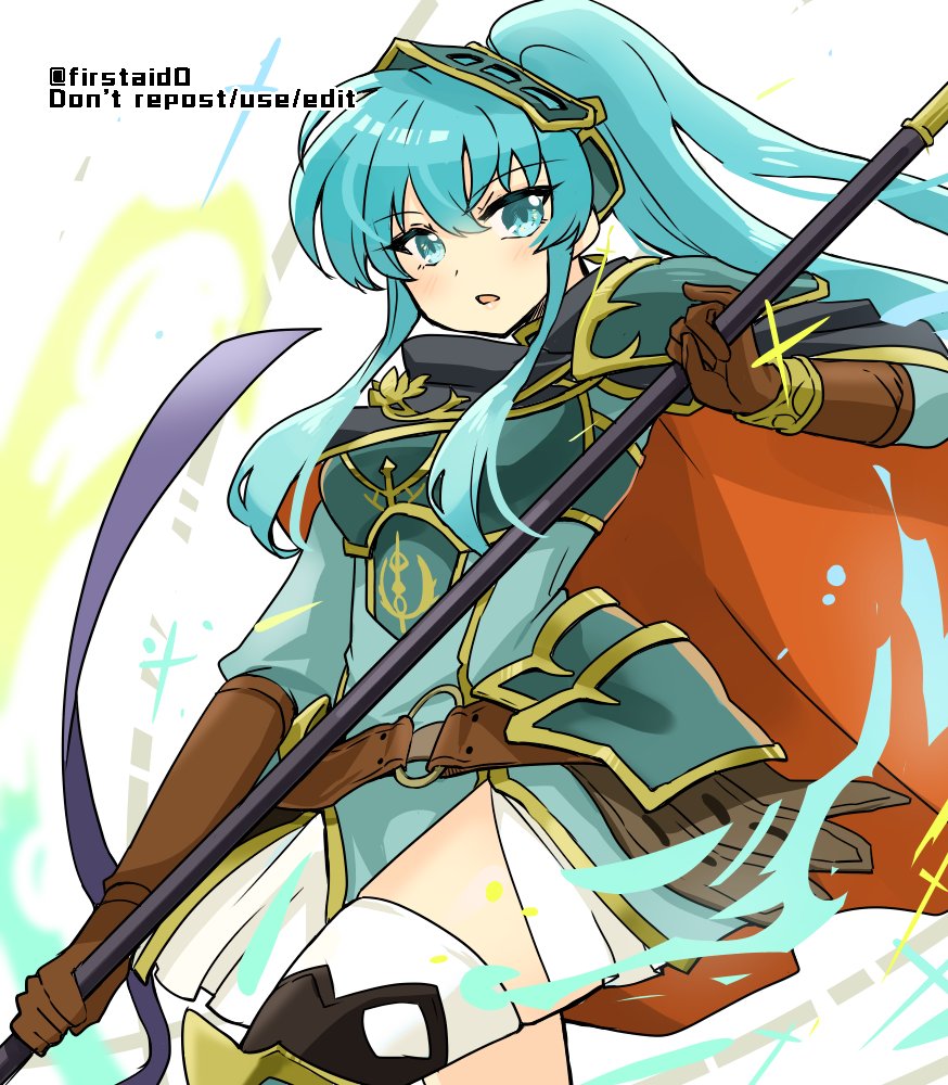1girl aqua_eyes aqua_hair armor bangs belt breastplate brown_gloves cape cosplay eirika_(fire_emblem) ephraim_(fire_emblem) ephraim_(fire_emblem)_(cosplay) eyebrows_visible_through_hair fire_emblem fire_emblem:_the_sacred_stones fire_emblem_heroes gloves holding holding_lance holding_polearm holding_weapon lance long_hair looking_at_viewer official_alternate_costume polearm ponytail shoulder_armor sidelocks skirt solo thighhighs twitter_username very_long_hair weapon white_background yukia_(firstaid0)
