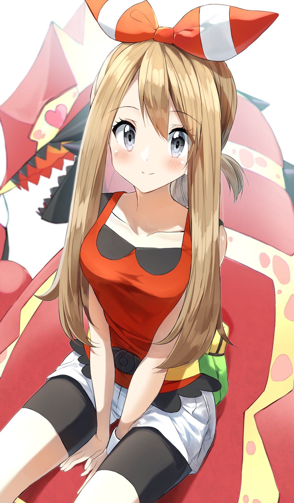 1girl bangs between_legs bike_shorts black_shorts blush brown_hair closed_mouth commentary_request eyebrows_visible_through_hair gen_3_pokemon grey_hair groudon hair_between_eyes hand_between_legs heart heart_eyes highres legendary_pokemon long_hair may_(pokemon) pentagon_(railgun_ky1206) pokemon pokemon_(creature) pokemon_(game) pokemon_oras primal_groudon red_tank_top short_shorts shorts shorts_under_shorts sidelocks simple_background sitting smile tank_top very_long_hair white_background white_shorts