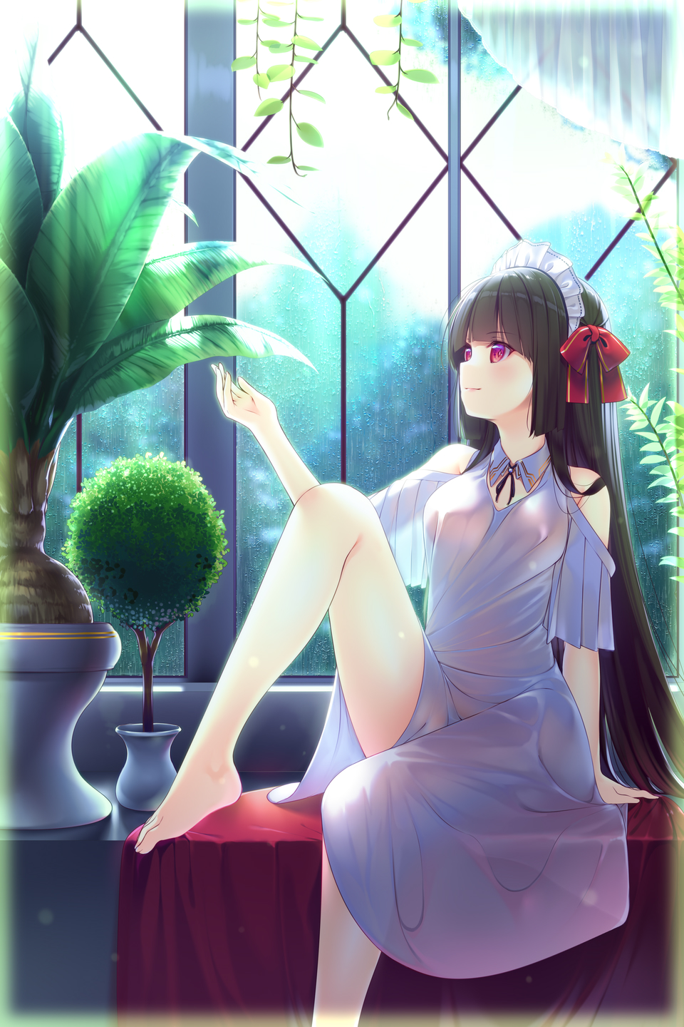 1girl bangs bare_shoulders barefoot black_hair bow breasts closed_mouth commentary_request covered_nipples dress eyebrows_visible_through_hair feet_out_of_frame hair_bow highres indoors knee_up long_hair looking_away maid_headdress medium_breasts original plant purple_eyes red_bow sitting smile solo usume_shirou very_long_hair white_dress window