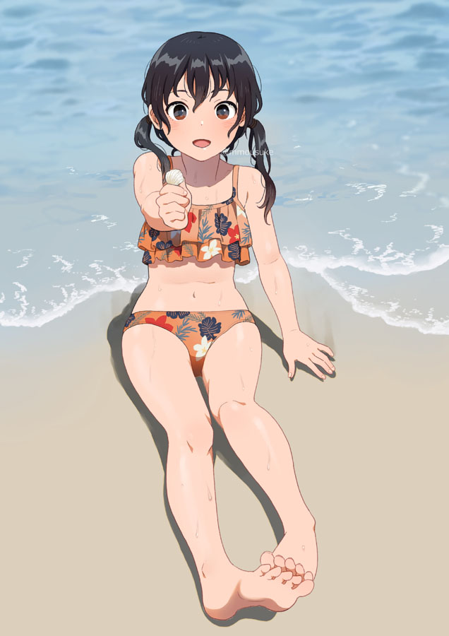 1girl barefoot beach bikini black_hair feet frilled_bikini frills holding long_hair mattaku_mousuke ocean original patterned_clothing sand seashell shell sitting solo swimsuit twintails water watermark wet wet_hair