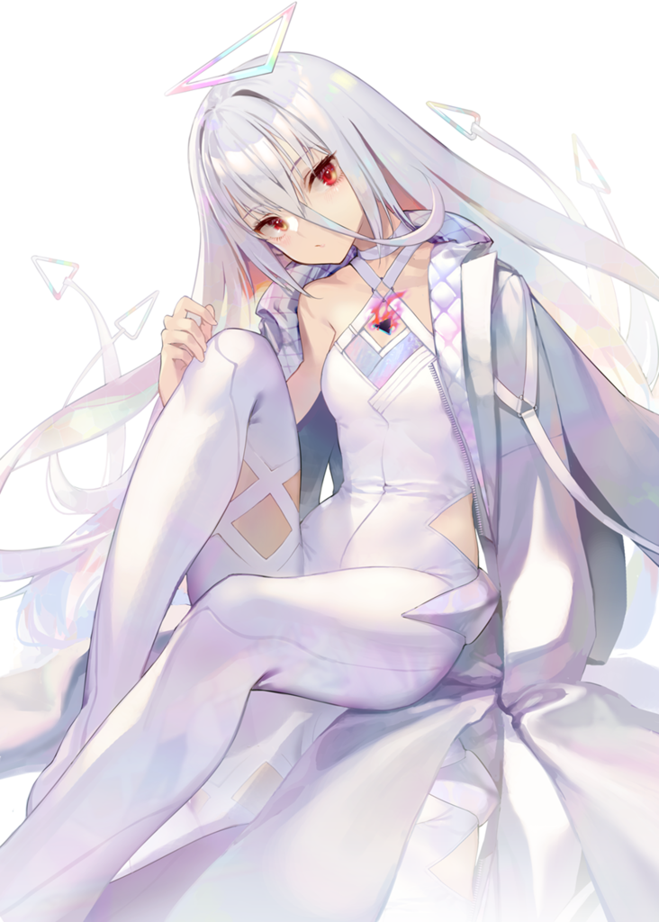 1other androgynous bangs bodysuit eyebrows_visible_through_hair hair_between_eyes halo hololive hololive_english long_hair looking_at_viewer omega_alpha red_eyes ritsuki solo triangle_halo virtual_youtuber white_background white_bodysuit white_hair