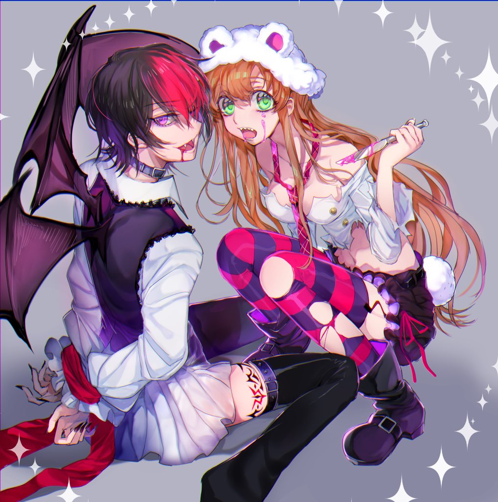 1boy 1girl :d arms_behind_back black_hair black_legwear black_nails black_shirt black_wings blood blood_from_mouth blood_on_weapon boots bound bound_wrists breasts brown_hair cleavage code_geass collarbone fangs fingernails garter_straps green_eyes grey_background holding holding_knife knife lelouch_lamperouge long_hair medium_breasts miniskirt multicolored_hair necktie open_mouth pleated_skirt purple_eyes red_hair red_neckwear sharp_fingernails sharp_teeth shirley_fenette shirt short_hair short_shorts shorts sitting skirt smile squatting striped striped_legwear sumi_otto teeth thighhighs torn_clothes torn_legwear torn_shirt two-tone_hair vampire very_long_hair wariza weapon white_shirt white_shorts white_skirt wings zettai_ryouiki