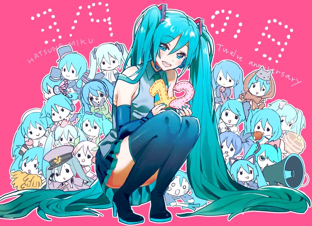 1girl 39 :d absurdly_long_hair blue_eyes blue_footwear blue_hair blue_nails blue_skirt blue_sleeves blush boots character_doll character_name collared_shirt detached_sleeves eyebrows_visible_through_hair floating_hair full_body grey_shirt hair_between_eyes hatsune_miku high_heel_boots high_heels jun_(nad-j) long_hair long_sleeves looking_at_viewer megaphone miniskirt nail_polish open_mouth pink_background pleated_skirt shiny shiny_hair shirt skirt sleeveless sleeveless_shirt smile solo squatting thigh_boots thighhighs twintails very_long_hair vocaloid wing_collar zettai_ryouiki