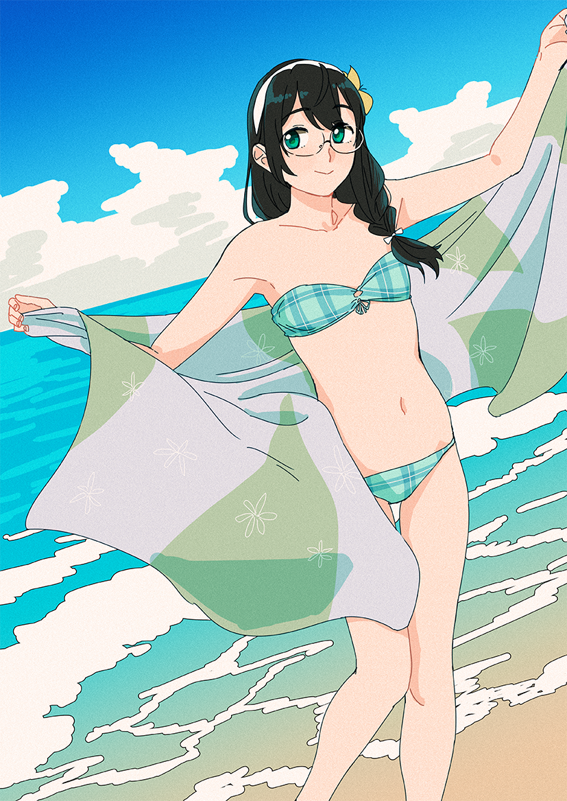 1girl alternate_hairstyle bangs beach bikini blue_bikini blue_eyes braid cloud day flat_chest floral_print flower glasses hair_flower hair_ornament hair_over_shoulder hair_ribbon hairband kantai_collection long_hair looking_at_viewer ocean ojipon ooyodo_(kancolle) outdoors ribbon single_braid sky smile solo strapless strapless_bikini swimsuit water white_hairband yellow_flower