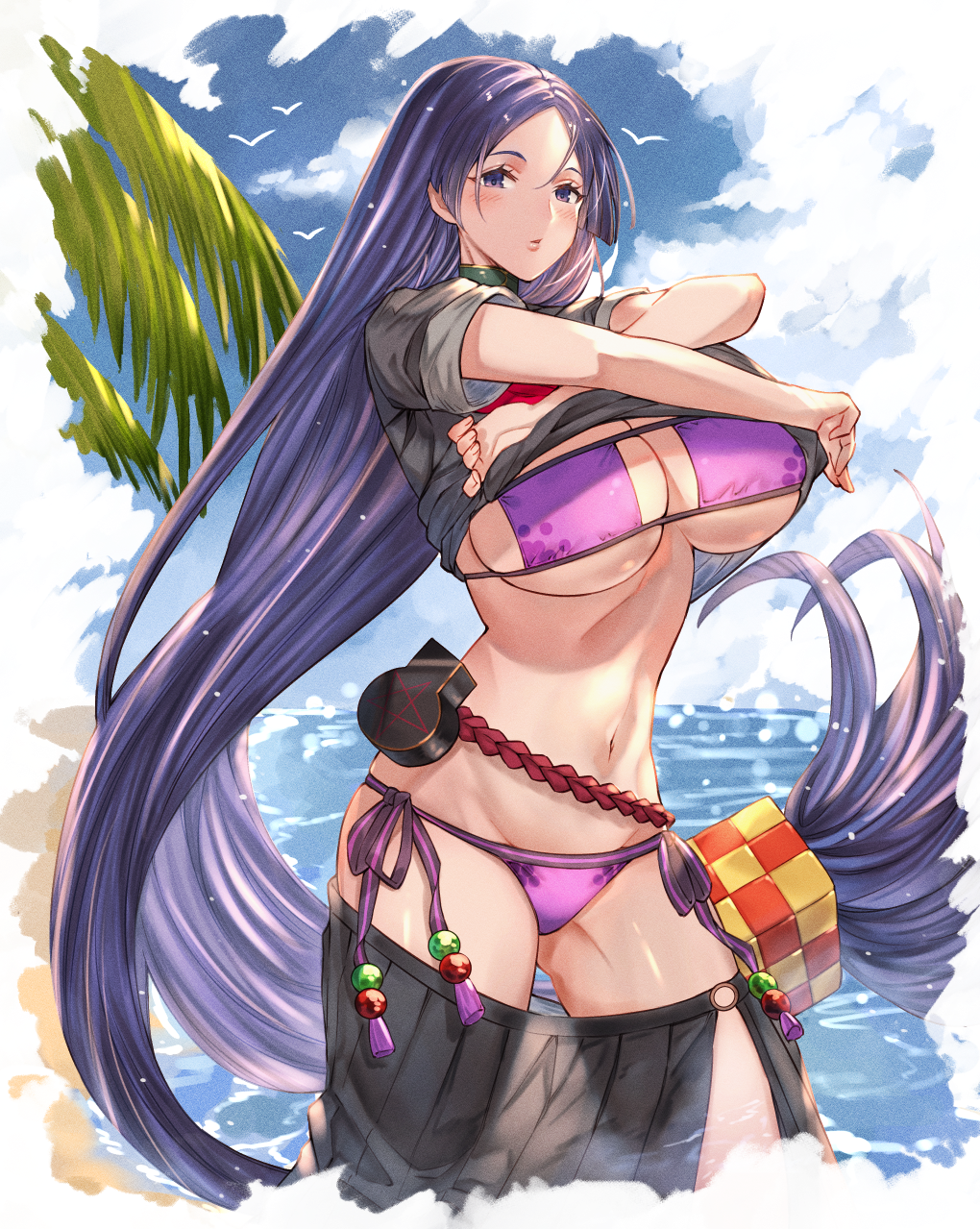 1girl ayacho bangs beach bikini bikini_under_clothes black_sailor_collar black_serafuku black_shirt black_skirt blue_sky breasts choker cleavage clothes_lift clothes_pull collarbone crop_top crop_top_overhang eyepatch_bikini fate/grand_order fate_(series) highres large_breasts long_hair long_skirt looking_at_viewer low-tied_long_hair minamoto_no_raikou_(fate) minamoto_no_raikou_(swimsuit_lancer)_(fate) navel neckerchief ocean open_mouth parted_bangs pouch purple_bikini purple_eyes purple_hair red_neckwear rope sailor_collar school_uniform serafuku shirt shirt_lift short_sleeves skirt skirt_pull sky swimsuit thighs very_long_hair