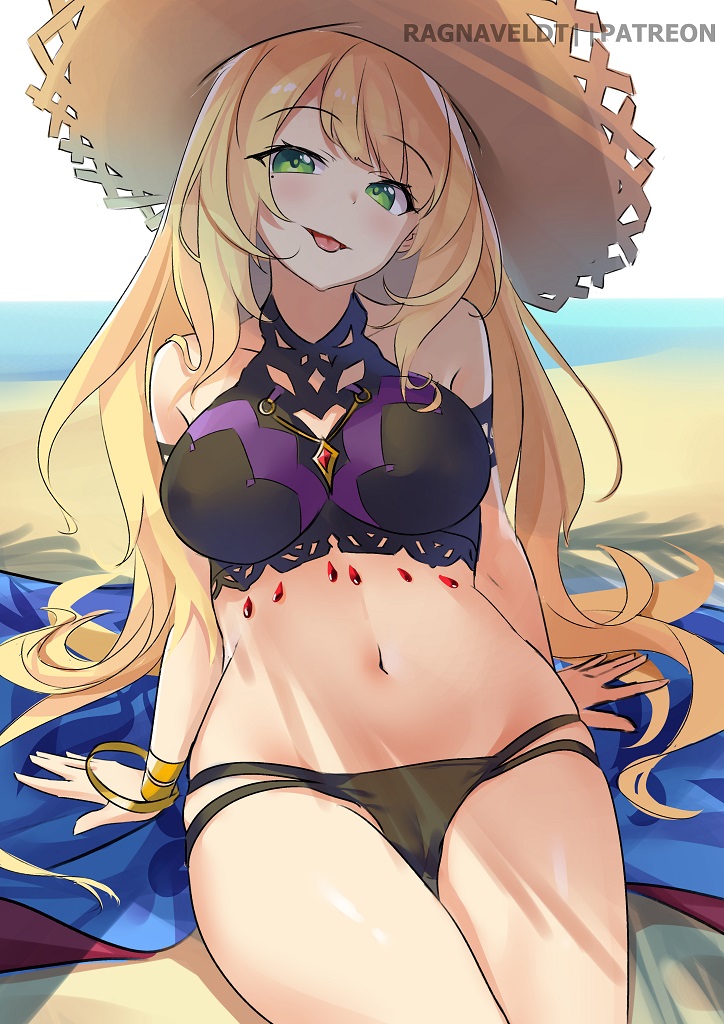 1girl bangs bare_shoulders beach bikini blonde_hair breasts chelle_(dragalia_lost) dragalia_lost eyebrows_visible_through_hair green_eyes hat large_breasts long_hair looking_at_viewer midriff navel ocean ragnaveldt sand sitting solo swimsuit thighs tongue tongue_out very_long_hair