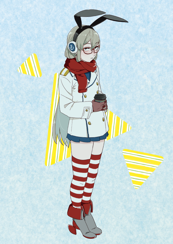 1girl anchor_print bangs bespectacled black_hairband blue_skirt brown_gloves bunny_headphones buttons coat coffee coffee_cup cup disposable_cup drinking_glass eyebrows_visible_through_hair full_body glasses gloves grey_eyes grey_hair hair_between_eyes hairband headphones high_heels holding holding_cup kantai_collection legs_together long_hair long_sleeves looking_at_viewer microskirt miniskirt ojipon open_mouth pleated_skirt red-framed_eyewear red_scarf scarf shimakaze_(kancolle) shirt shoes skirt solo standing striped striped_legwear thighhighs very_long_hair white_coat