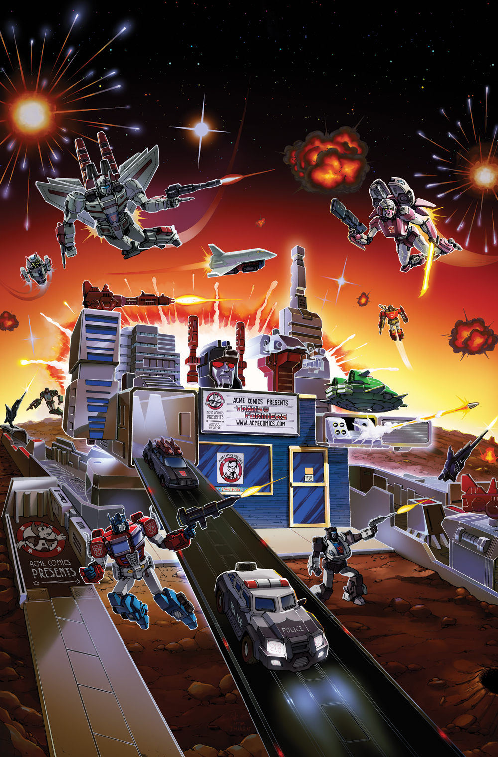 1980s_(style) arcee autobot bluestreak_(transformers) car casey_w._coller character_request clenched_hands collaboration comic_cover cosmos_(transformers) energy_sword english_commentary explosion firing flying ground_vehicle gun headlight highres holding holding_gun holding_sword holding_weapon insignia jazz_(transformers) jetfire kup mecha metroplex motor_vehicle no_humans official_art optimus_prime prowl red_eyes retro_artstyle science_fiction sideswipe sky_lynx space_craft space_shuttle sword transformers weapon