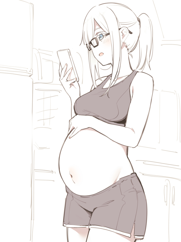 1girl asutora asutora-chan big_belly black-framed_eyewear blue_eyes blush breasts brown_shorts cellphone glasses holding holding_phone medium_breasts midriff navel open_mouth original phone ponytail pregnant short_hair shorts sidelocks solo spot_color white_hair