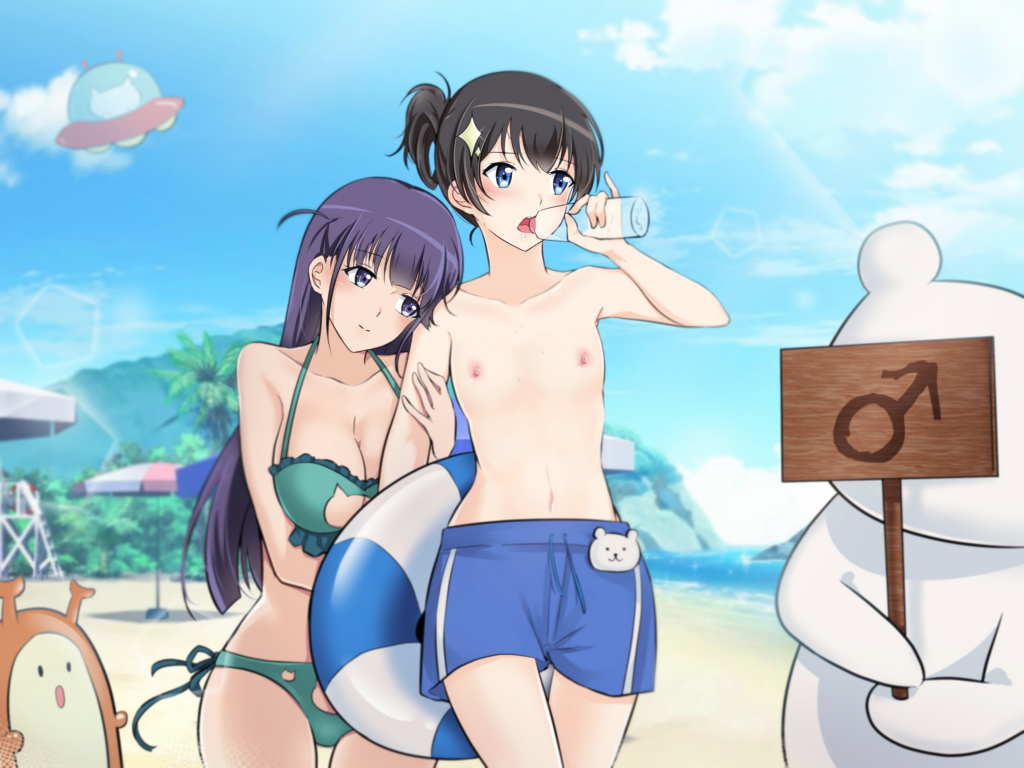 2girls arm_hug beach bikini black_hair blue_eyes blue_sky blush bottle bra breasts cat_cutout cat_cutout_panties cleavage clothing_cutout cloud collarbone commentary day drinking flat_chest holding holding_innertube holding_sign innertube island kagura_hikari large_breasts lens_flare long_hair male_swimwear male_swimwear_challenge mars_symbol multiple_girls navel nipples ocean open_mouth outdoors palm_tree panties ponytail purple_eyes purple_hair shoujo_kageki_revue_starlight sign sky smile sparkle_hair_ornament stuffed_animal stuffed_toy sunlight swim_trunks swimsuit teddy_bear topless tree tsuyuzaki_mahiru ufo underwear upper_teeth water_bottle yuetan_(ssvs73608) yuri