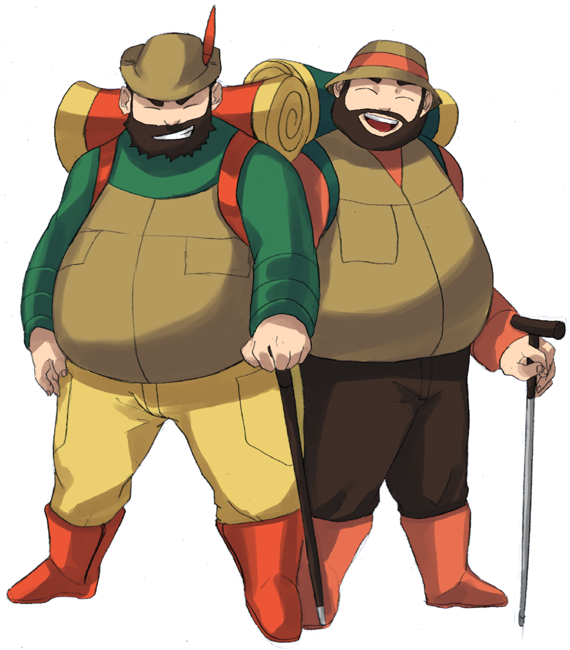 2boys :d backpack bag beard boots brown_headwear brown_vest cane closed_eyes commentary_request facial_hair facing_viewer full_body green_shirt grin hat hiker_(pokemon) holding holding_cane long_sleeves male_focus maou_abusorun multiple_boys open_mouth orange_footwear pants pokemon pokemon_(game) pokemon_bw pokemon_dppt shirt smile teeth tongue upper_teeth vest yellow_pants