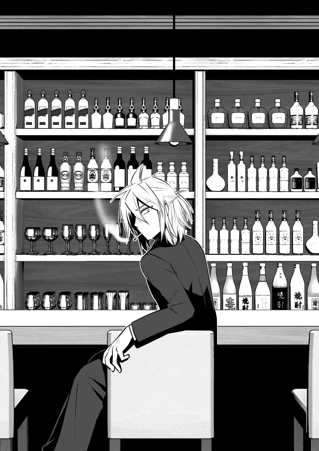 1boy 3d_background bar caffein ceiling_light chair commentary formal from_behind greyscale honne_dell indoors looking_at_viewer looking_back male_focus monochrome shelf sitting smoking solo suit vocaloid voyakiloid