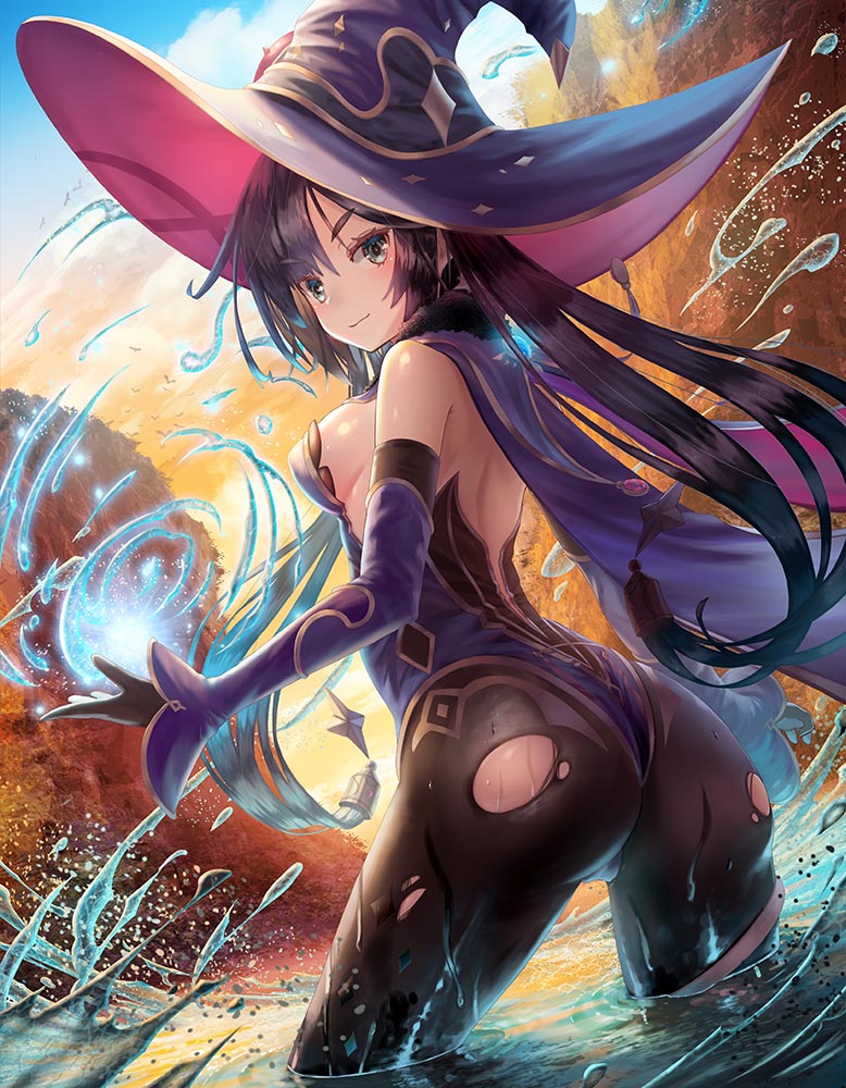 1girl ass backlighting bare_shoulders black_hair black_legwear breasts cliff closed_mouth detached_sleeves eyebrows_visible_through_hair fur_collar genshin_impact hat hydrokinesis leotard long_hair long_sleeves medium_breasts mona_(genshin_impact) pantyhose purple_headwear purple_leotard river sideboob smile solo sunlight tanaka_ken'ichi thighlet torn_clothes torn_legwear twintails v-shaped_eyebrows very_long_hair wading water wet wet_clothes witch_hat