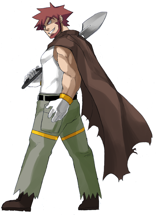 1boy bangs bare_arms beard belt black_belt boots brown_cape brown_footwear brown_hair byron_(pokemon) cape commentary_request facial_hair full_body gloves grin holding holding_shovel male_focus maou_abusorun muscular muscular_male pants pokemon pokemon_(game) pokemon_dppt shirt short_hair shovel sleeveless sleeveless_shirt smile solo spiked_hair standing tank_top teeth torn_clothes torn_pants white_gloves white_shirt white_tank_top