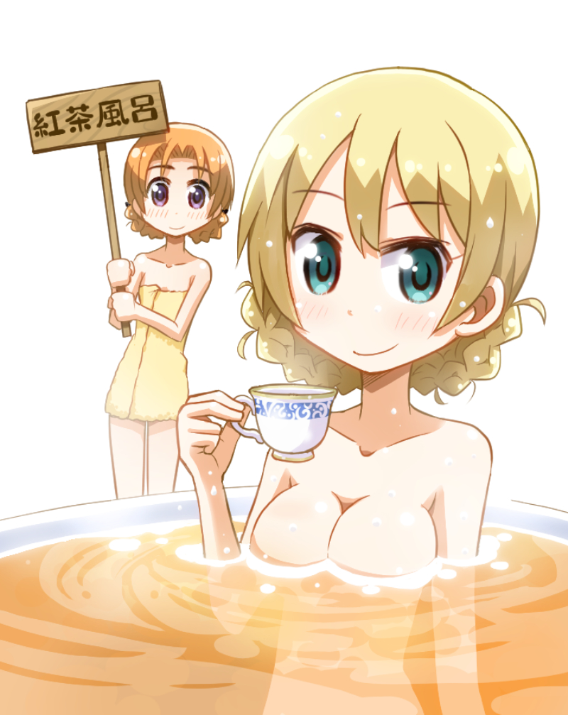 alternate_eye_color bangs bathing blonde_hair blue_eyes braid breasts cleavage closed_mouth commentary_request cup darjeeling_(girls_und_panzer) eyebrows_visible_through_hair girls_und_panzer green_eyes holding holding_cup holding_sign looking_at_viewer medium_breasts naked_towel nude orange_hair orange_pekoe_(girls_und_panzer) oversized_object parted_bangs partial_commentary short_hair sign simple_background smile standing takeuchi_motoki tea teacup tied_hair towel translated twin_braids wet white_background yellow_towel
