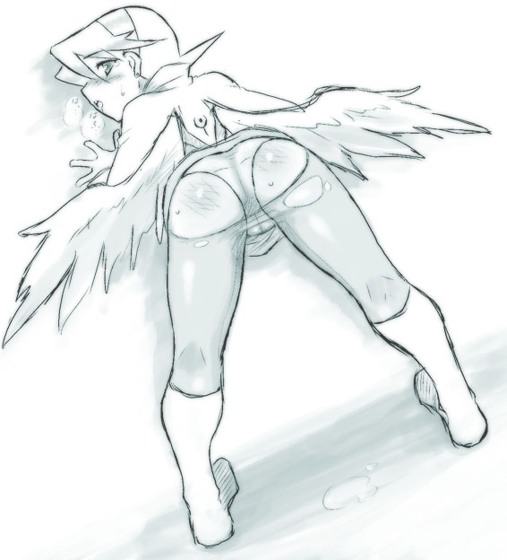angel_wings ass blue blush boots breath_of_fire breath_of_fire_iv crotch_seam dr.p full_body hairband knee_boots monochrome nina_(breath_of_fire_iv) panties panties_under_pantyhose pantyhose short_hair simple_background sitting solo sweat tongue topless torn_clothes torn_legwear underwear very_short_hair wariza white_background wings