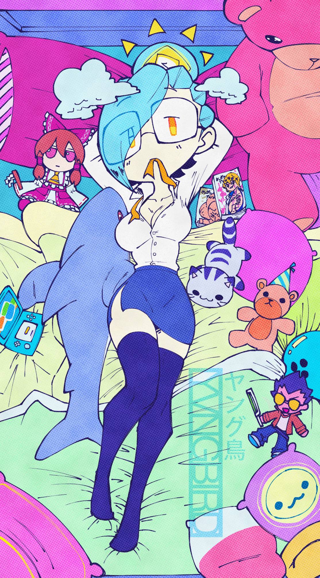 1girl blue_hair cat clown dolphin full_body fumo_(doll) glasses hair_over_eyes hakurei_reimu hand_in_hair handheld_game_console highres lying manga_(object) nintendo_3ds office_lady on_bed one_eye_covered orange_eyes original pillow shirt solo stuffed_animal stuffed_toy sun teddy_bear thighhighs travis_touchdown white_shirt yellow_eyes yungbird