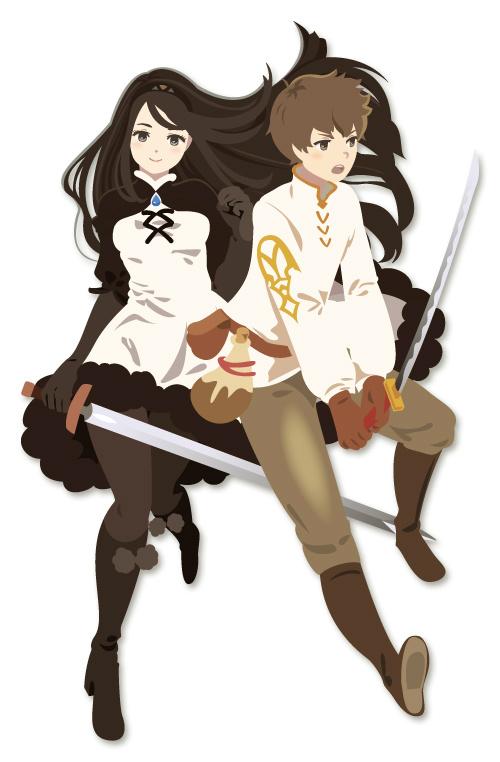 1boy 1girl agnes_oblige black_gloves black_hair bravely_default_(series) breasts brown_eyes brown_hair closed_mouth dress gloves hairband long_hair looking_at_viewer ma-hain-scarlet open_mouth pantyhose simple_background smile sword tiz_oria weapon white_background