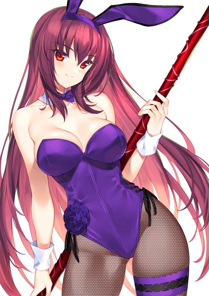 1girl animal_ears bare_arms bare_shoulders bow bowtie breasts brown_legwear bucchake_(asami) cowboy_shot detached_collar fake_animal_ears fate/grand_order fate_(series) fishnet_legwear fishnets hairband highleg highleg_leotard holding large_breasts leg_garter leotard long_hair looking_at_viewer pantyhose playboy_bunny polearm purple_hair purple_leotard rabbit_ears red_eyes scathach_(fate) scathach_(fate)_(all) simple_background smile solo strapless strapless_leotard very_long_hair weapon white_background wrist_cuffs