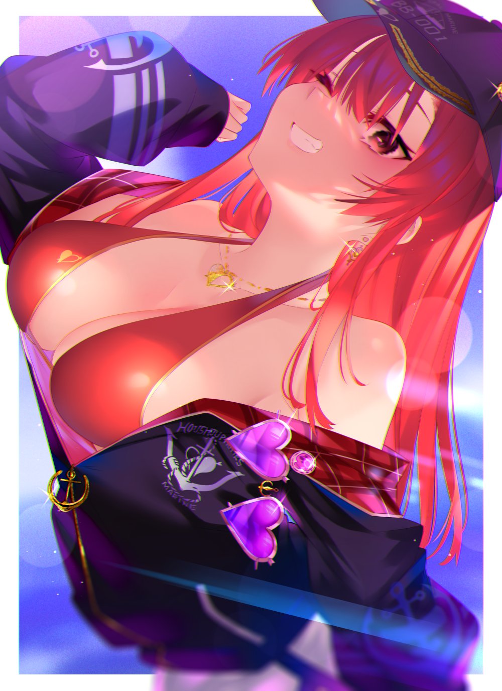 1girl 7zu7 bangs bare_shoulders bikini blush breasts cleavage collarbone heterochromia highres hololive houshou_marine large_breasts long_hair long_sleeves looking_at_viewer one_eye_closed red_eyes red_hair smile solo swimsuit thighs virtual_youtuber yellow_eyes