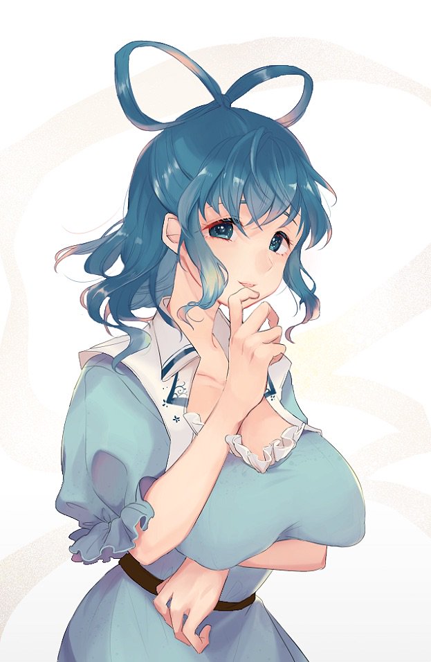 1girl arm_under_breasts bangs banned_artist blue_dress blue_eyes blue_hair breasts cleavage collarbone dress eyebrows_behind_hair finger_to_own_chin hair_between_eyes hair_rings kaku_seiga large_breasts light_smile looking_at_viewer medium_hair no_hair_ornament open_clothes open_vest parted_lips puffy_short_sleeves puffy_sleeves short_sleeves sidelocks simple_background solo tareme touhou towako_(10wk0) upper_body vest white_background white_vest