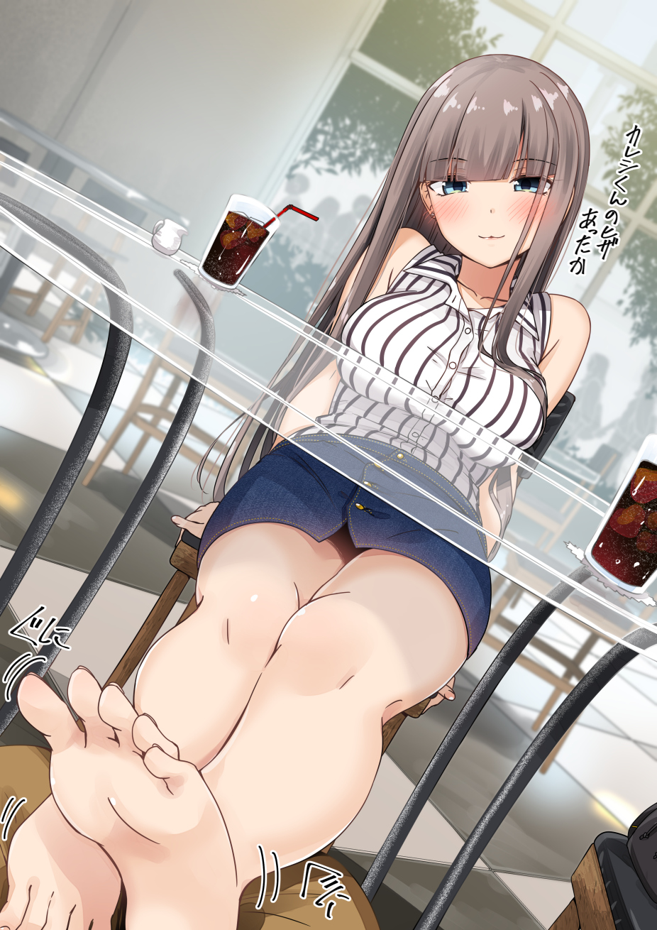 1girl :3 bag bangs banned_artist bare_arms blouse blue_eyes blunt_bangs blush breasts cafe closed_mouth collarbone denim denim_skirt drink earrings eyebrows_visible_through_hair glass_table grey_hair highres hime_cut jewelry large_breasts long_hair looking_at_viewer mirai_(macharge) original sitting skirt sleeveless sleeveless_blouse smile solo straight_hair striped_blouse table thighs toes translation_request upskirt white_blouse