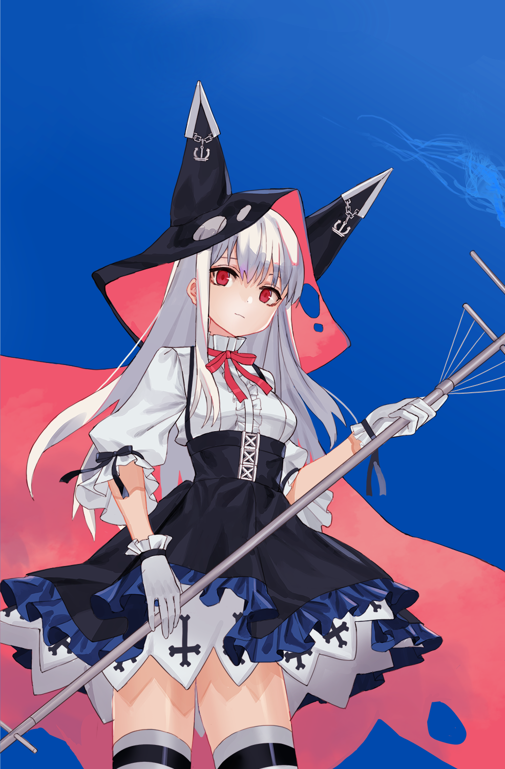 1girl animal_hood azur_lane black_cape black_skirt blue_background cape closed_mouth cowboy_shot dot_nose erebus_(azur_lane) gloves high-waist_skirt highres holding holding_staff hood hood_up hooded_cape light_smile looking_at_viewer luicent neck_ribbon pink_cape puffy_short_sleeves puffy_sleeves red_eyes red_neckwear red_ribbon ribbon shirt short_sleeves skirt sleeve_ribbon solo staff suspender_skirt suspenders thighhighs two-sided_cape two-sided_fabric white_gloves white_hair white_shirt