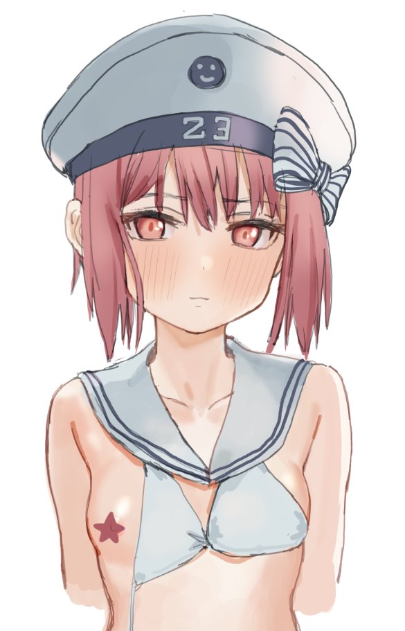 1girl bikini blush breasts censored closed_mouth dot_nose eyebrows_visible_through_hair hat kantai_collection looking_at_viewer luicent medium_hair nipple_censor red_eyes red_hair sailor_collar sailor_hat shirt sidelocks simple_background small_breasts solo star_censor swimsuit untied untied_bikini upper_body white_background white_bikini white_sailor_collar white_shirt z3_max_schultz_(kancolle)