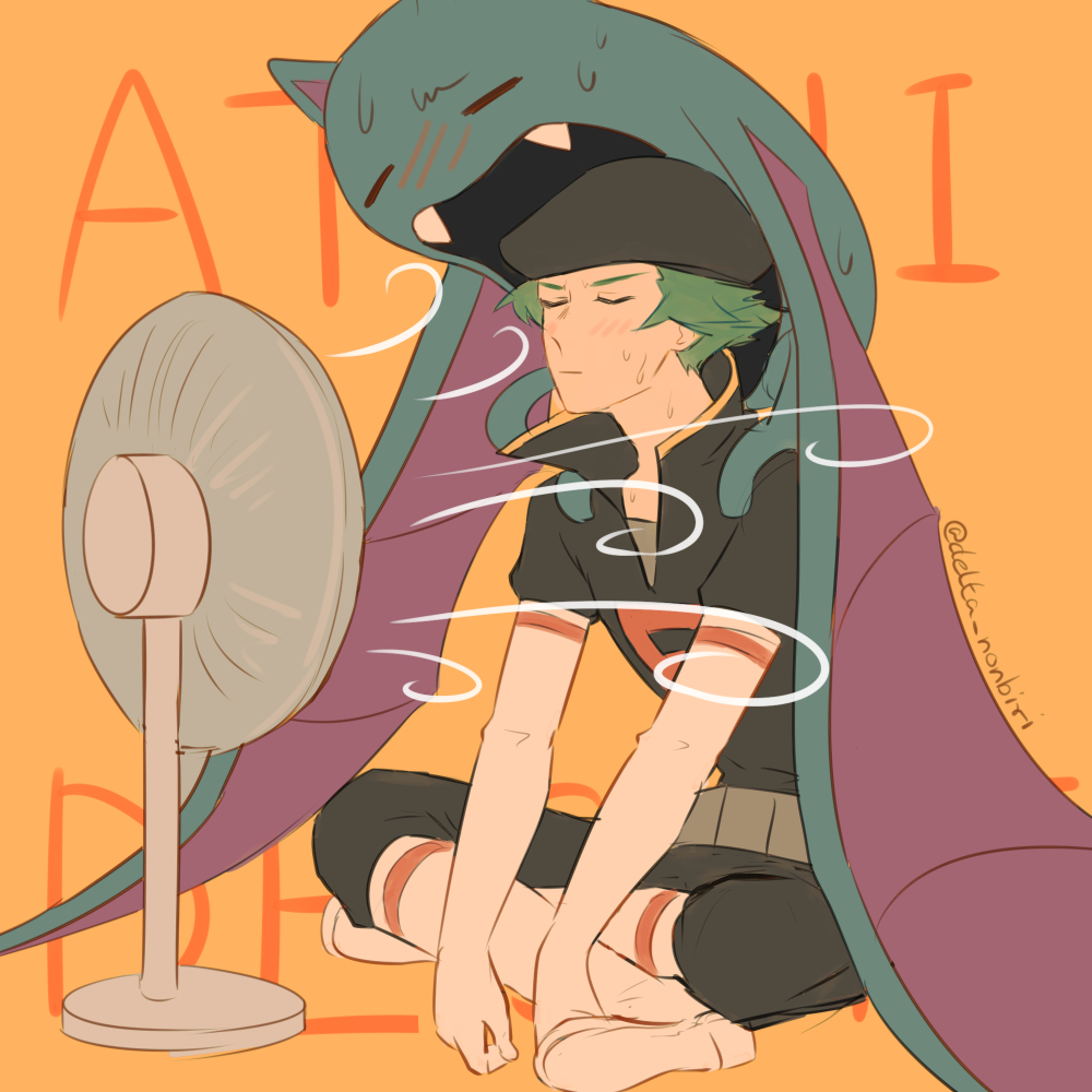 1boy belt black_headwear black_jacket black_pants blush boots closed_eyes closed_mouth commentary_request delta_nonbiri elbow_gloves electric_fan gen_1_pokemon gloves golbat green_hair grey_belt hat hot jacket male_focus on_shoulder pants pokemon pokemon_(creature) pokemon_(game) pokemon_hgss pokemon_on_shoulder proton_(pokemon) short_hair sitting sweat white_footwear white_gloves wind