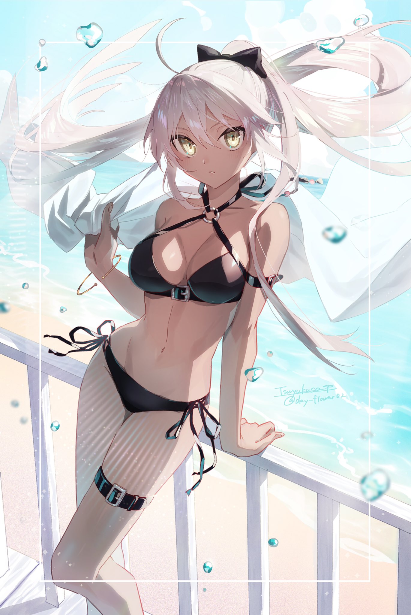 bangs beach bikini black_bikini black_swimsuit dark_skin fate/grand_order fate_(series) highres looking_at_viewer o-ring o-ring_bikini okita_souji_(alter)_(fate) okita_souji_(alter_swimsuit_saber)_(fate) okita_souji_(fate)_(all) railing side-tie_bikini swimsuit tsuyukusa_(eeta7273) white_hair yellow_eyes