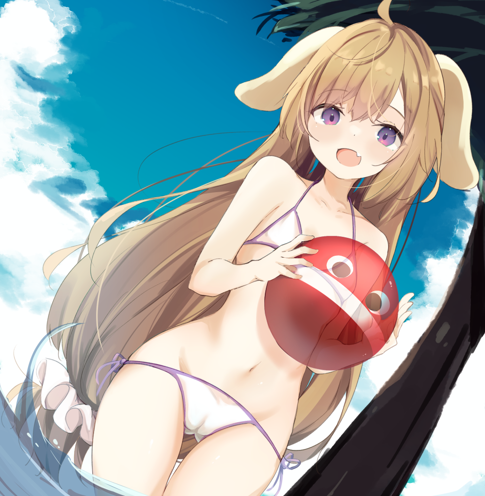 1girl :d ahoge animal_ears ball bare_arms bare_shoulders beachball bikini blue_sky brown_hair cameltoe cloud cloudy_sky collarbone commentary_request day dog_ears dutch_angle flat_chest groin hair_ornament hair_scrunchie holding holding_ball kyuukon_(qkonsan) long_hair looking_at_viewer low-tied_long_hair navel open_mouth outdoors palm_tree pochiko_(pop'n_music) pop'n_music scrunchie side-tie_bikini sky smile solo standing swimsuit thigh_gap transparent tree very_long_hair white_bikini white_scrunchie