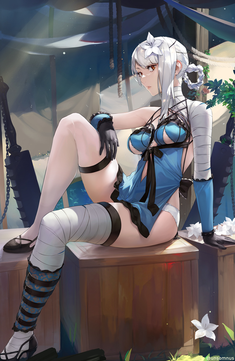 1girl bandaged_leg bandages black_footwear black_gloves braid breasts brown_eyes commentary day flower gloves hair_flower hair_ornament highres kaine_(nier) looped_braids medium_breasts nier_(series) on_box outdoors revealing_clothes shoes single_bare_shoulder sitting solo thigh_strap unsomnus weapon white_hair wooden_box