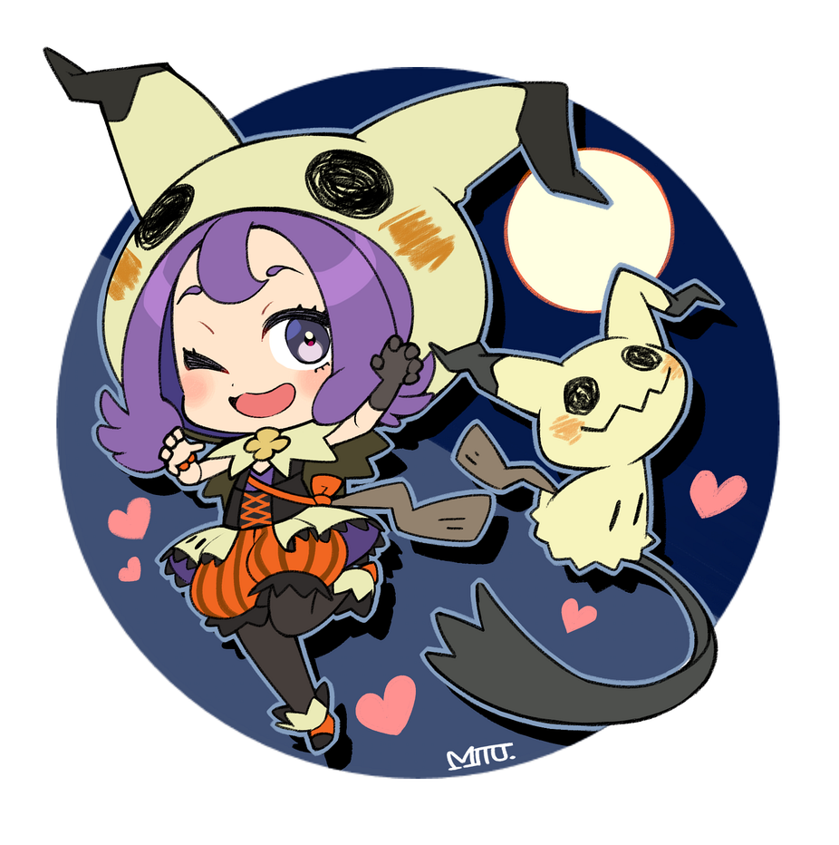 1girl ;d acerola_(pokemon) bangs bead_bracelet beads black_gloves black_legwear bracelet capelet chibi claw_pose commentary_request eyelashes gen_7_pokemon gloves grey_eyes hands_up heart hood hood_up hooded_capelet jewelry legwear_under_shorts mimikyu mitsu_(mitu_328) multicolored_footwear official_alternate_costume one_eye_closed open_mouth orange_bracelet orange_shorts pantyhose pokemon pokemon_(creature) pokemon_(game) pokemon_masters_ex purple_hair shoes shorts signature single_glove smile striped themed_object tongue vertical-striped_shorts vertical_stripes waist_cape