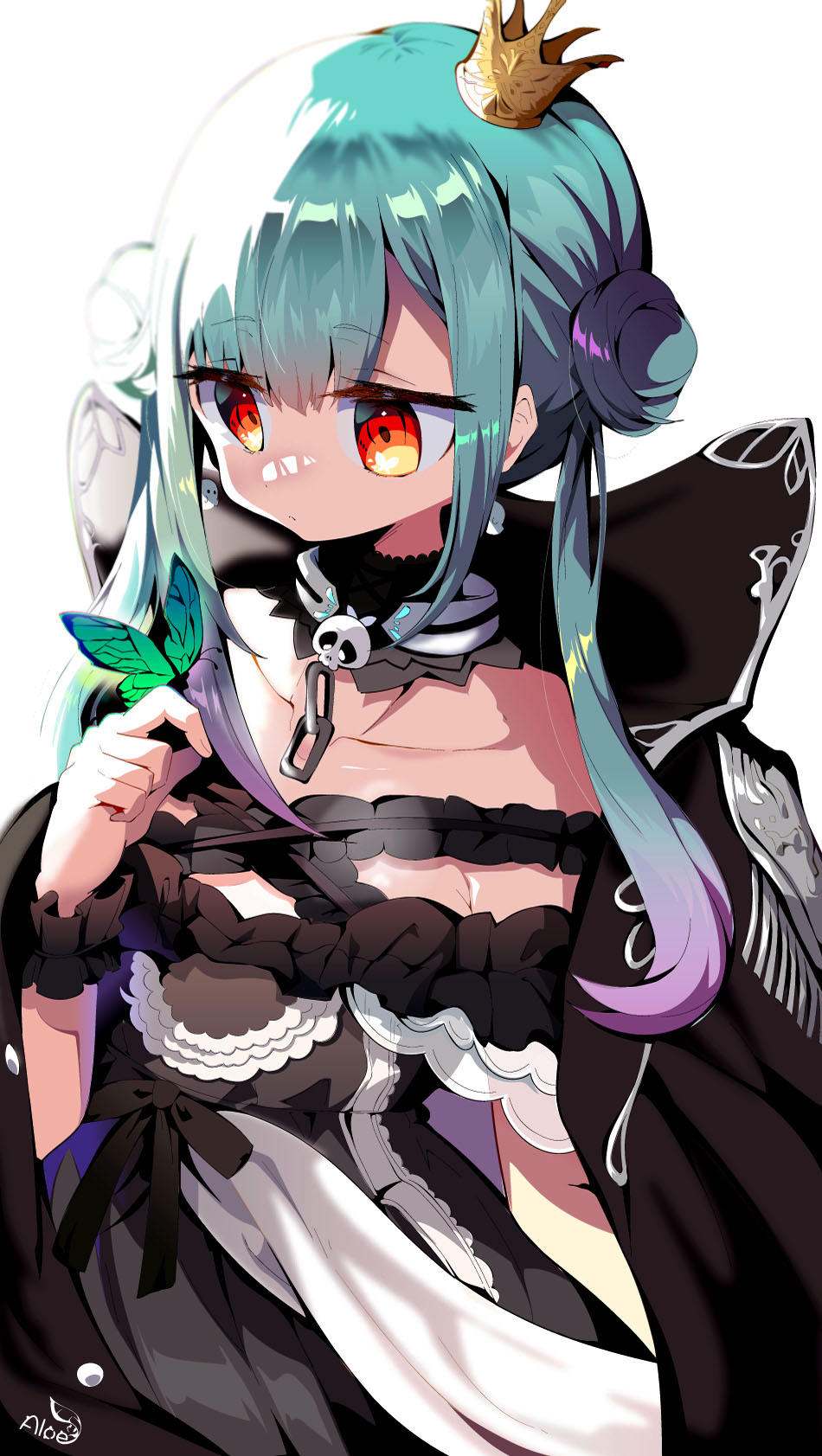 1girl aloe_(kenkou3733) aqua_hair asymmetrical_hair bare_shoulders black_coat black_dress bug butterfly butterfly_on_finger butterfly_on_hand coat coat_on_shoulders collarbone colored_tips cowboy_shot crown detached_collar double_bun dress english_commentary flat_chest frilled_dress frilled_straps frills highres hololive long_hair looking_at_animal mini_crown off-shoulder_dress off_shoulder pink_hair popped_collar red_eyes short_sleeves sidelocks signature simple_background solo tilted_headwear twintails uneven_twintails uruha_rushia virtual_youtuber white_background wristband