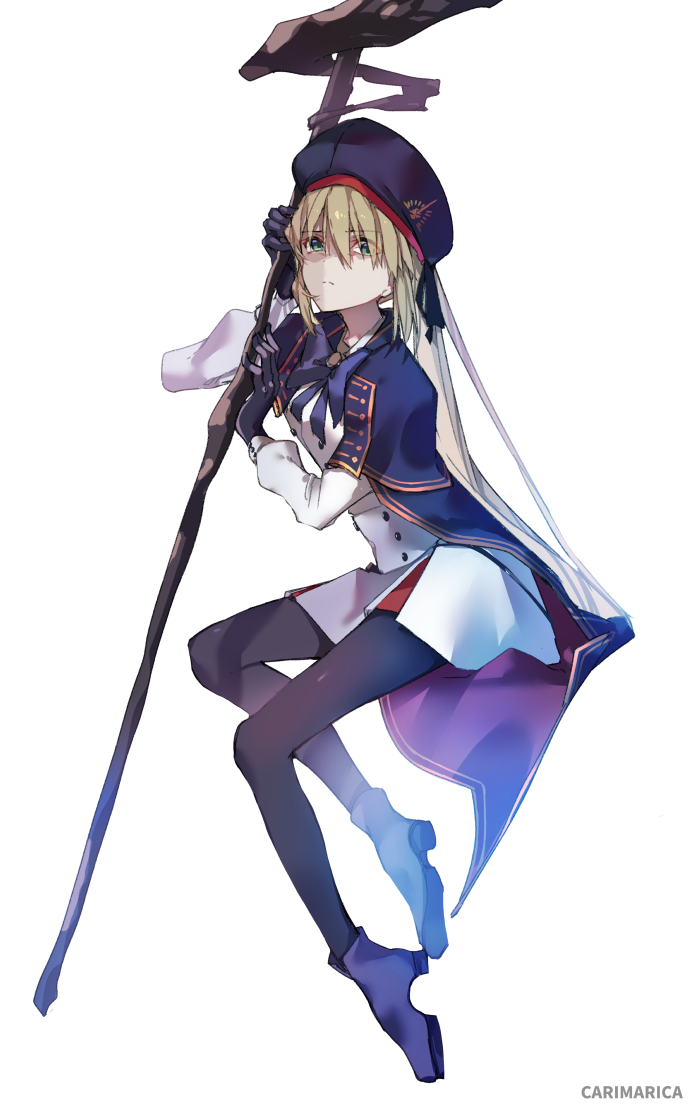 1girl blonde_hair blue_cape blue_ribbon boots buttons cape double-breasted fate/grand_order fate_(series) green_eyes hair_between_eyes high_heel_boots high_heels long_hair looking_at_viewer mage_staff morgan_le_fay_(fate) pantyhose platinum_blonde_hair ribbon shaded_face signature solo toe-point tonelico_(fate) white_background zeromomo