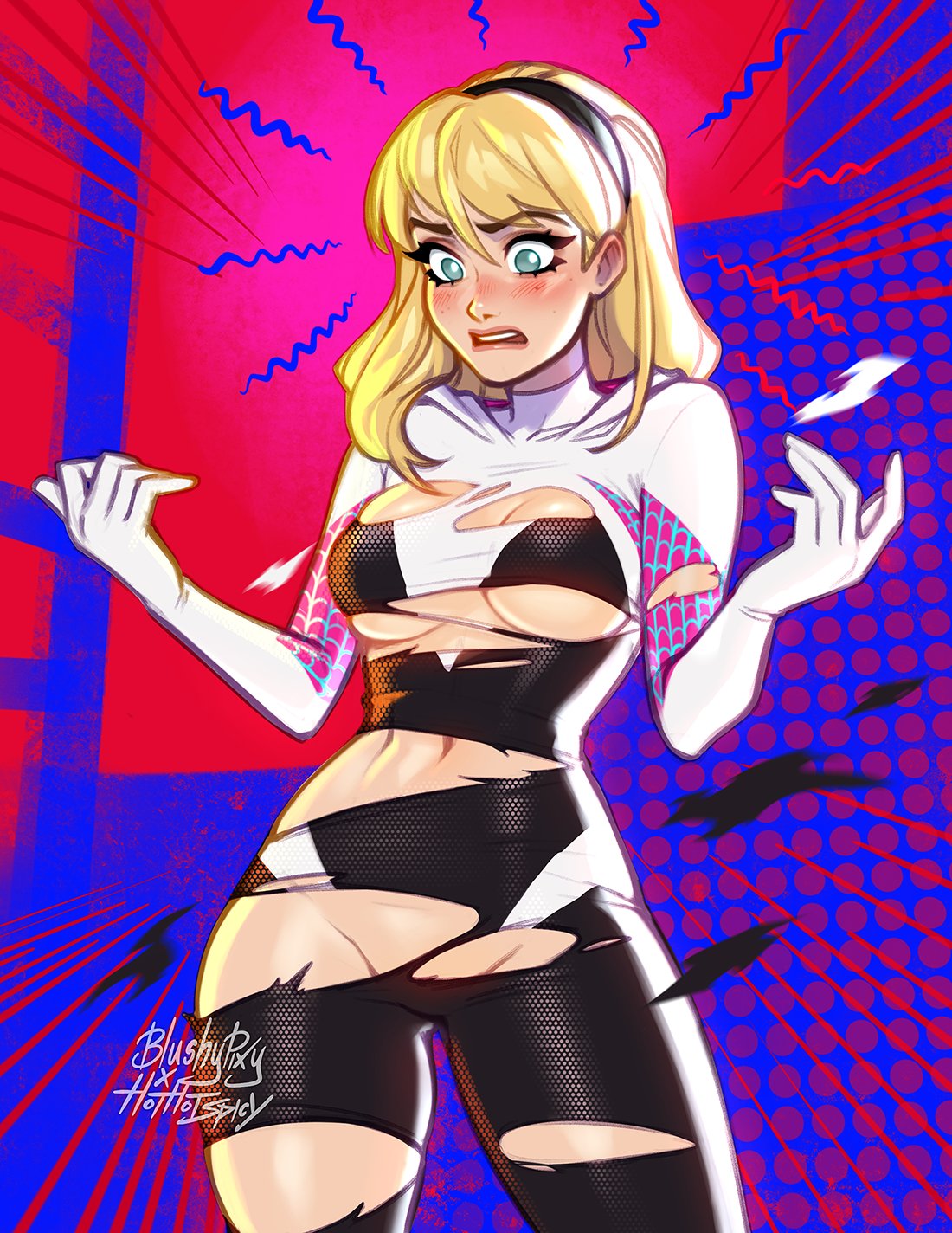 1girl blonde_hair blue_eyes blush blushy-pixy bodysuit breasts gwen_stacy headband highres hooded_bodysuit marvel navel no_bra no_panties no_underwear solo spider-gwen spider_web_print superhero torn_bodysuit torn_clothes wardrobe_malfunction