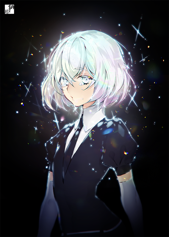 1other alpha_signature androgynous bangs black_background black_neckwear collar collared_shirt colored_eyelashes commentary_request diamond_(houseki_no_kuni) elbow_gloves eyebrows_visible_through_hair gem_uniform_(houseki_no_kuni) gloves grey_eyes hair_between_eyes houseki_no_kuni looking_at_viewer multicolored_hair necktie pepper_fever puffy_short_sleeves puffy_sleeves shirt short_hair short_sleeves silver_hair simple_background solo sparkle tearing_up upper_body white_gloves white_shirt