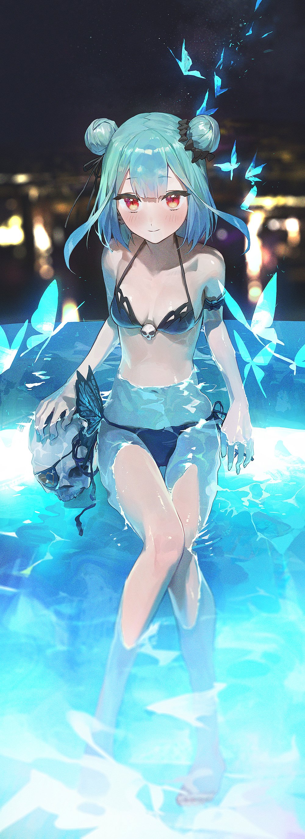 1girl absurdres bangs barefoot bikini black_bikini blunt_bangs blush breasts bug butterfly collarbone double_bun eyebrows_visible_through_hair full_body green_hair highres hololive legs looking_at_viewer mossi navel partially_submerged pool red_eyes short_hair sitting small_breasts smile solo swimsuit uruha_rushia virtual_youtuber water wet