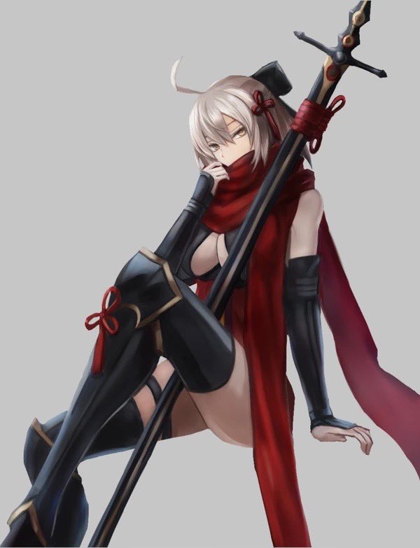 1girl ahoge arm_guards armored_boots bangs bare_shoulders between_legs black_bow black_footwear black_legwear boots bow breasts cleavage cleavage_cutout clothing_cutout dark-skinned_female dark_skin dress fate/grand_order fate_(series) grey_background hair_between_eyes hair_bow hair_ornament hand_up knee_boots large_breasts leg_up looking_at_viewer okita_souji_(alter)_(fate) okita_souji_(fate)_(all) red_dress red_scarf sanshi_(sannshi_34) scarf silver_hair simple_background sitting solo sword tassel thigh_strap thighhighs thighs weapon yellow_eyes