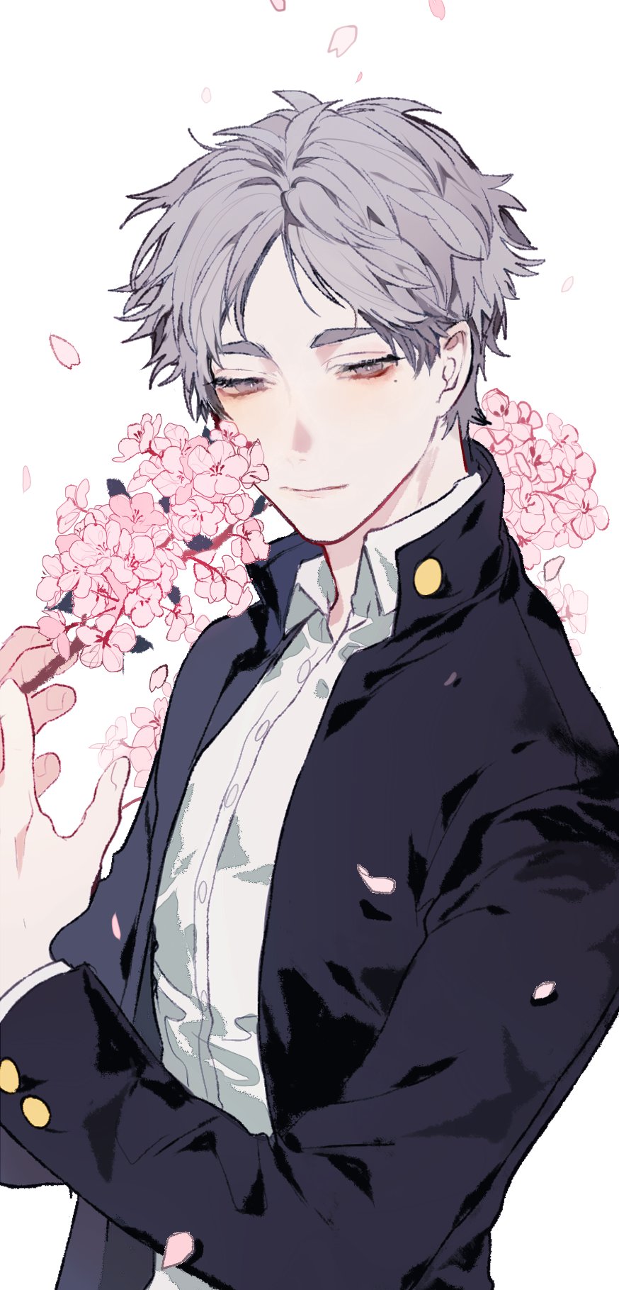 1boy black_jacket buttons closed_mouth flower gakuran grey_hair haikyuu!! highres holding holding_flower jacket long_sleeves looking_to_the_side male_focus mgmg_1012 mole mole_under_eye open_clothes open_jacket petals school_uniform shirt short_hair solo sugawara_koushi white_shirt