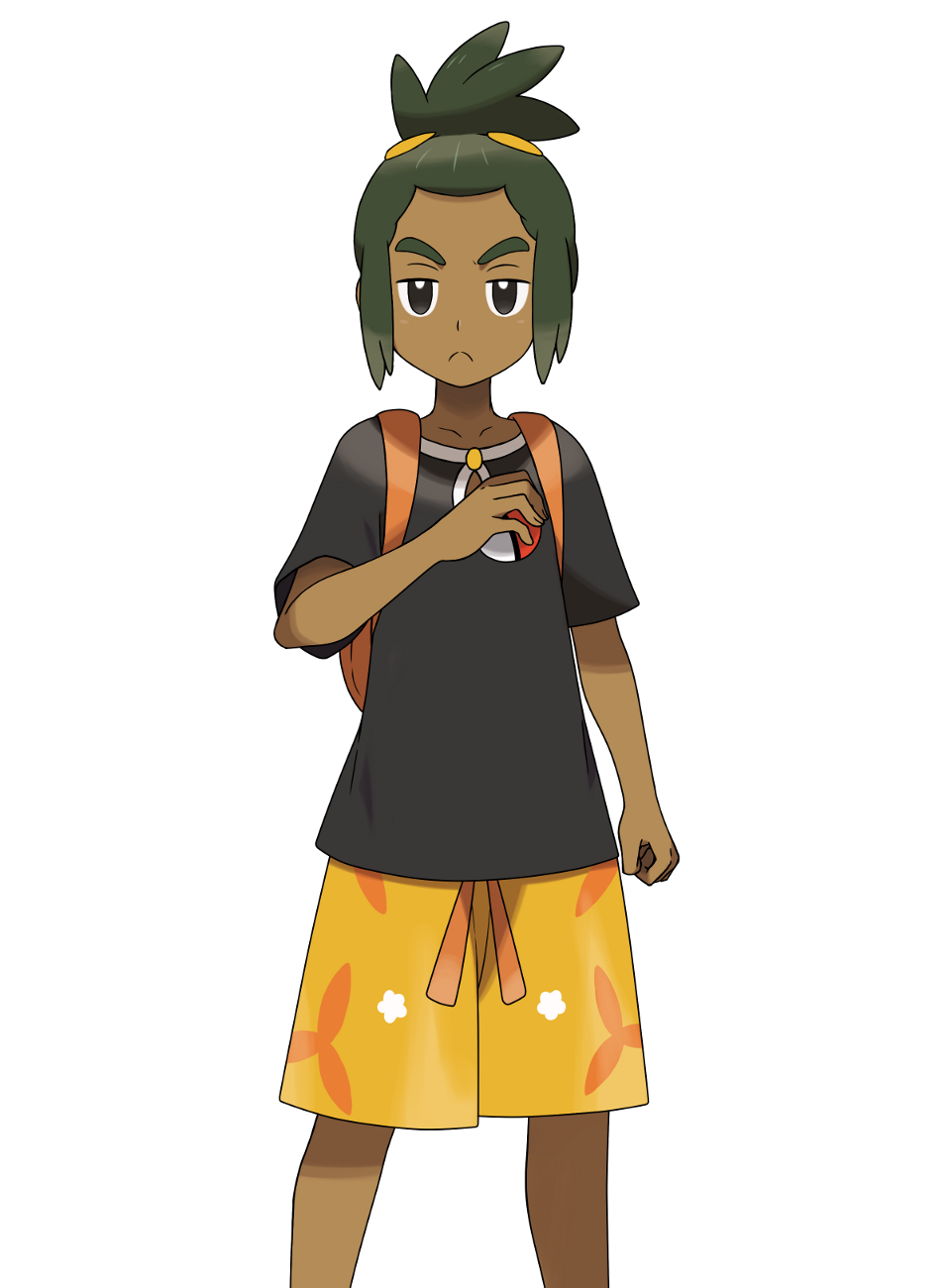 1boy :&lt; asatsuki_(fgfff) backpack bag black_eyes black_shirt clenched_hand closed_mouth collarbone commentary_request dark-skinned_male dark_skin floral_print green_hair half-closed_eyes hand_up hau_(pokemon) highres holding holding_poke_ball male_focus orange_bag orange_shorts poke_ball poke_ball_(basic) pokemon pokemon_(game) pokemon_sm shirt short_hair short_ponytail short_sleeves shorts solo split_mouth transparent_background unamused